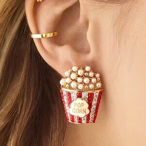POPCORN Earrings Movie Theater Motif Glitzy Crystal and Faux Pearl Studded NEW!